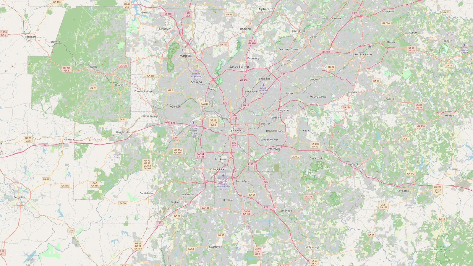 Map of the Atlanta metro area, showing the city and the surrounding counties